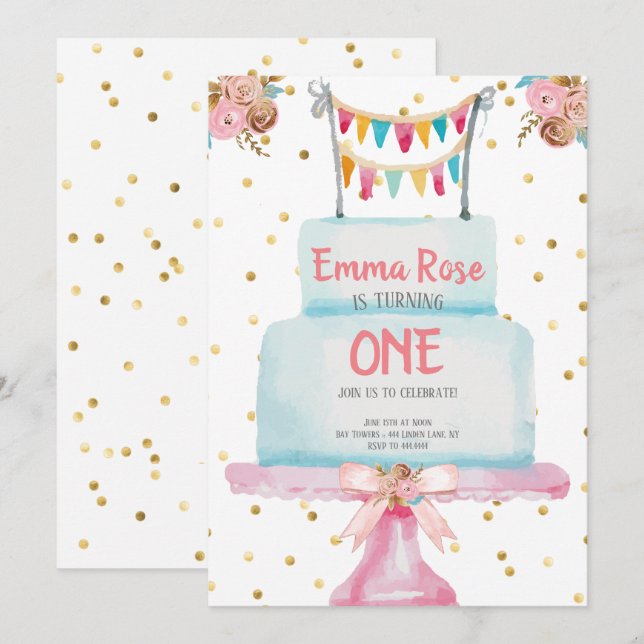 Convites Primeiro bolo da aguarela do aniversário (Frente/Verso)