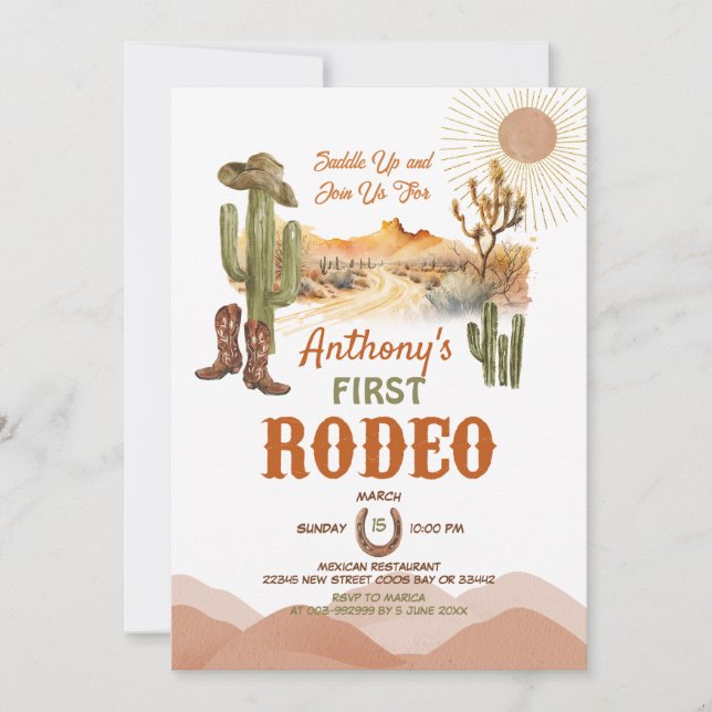Convites Primeiro Chá de Bebê Rodeio Deserto Cowboy (Frente)