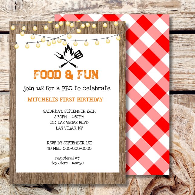 Convites Primeiro CHURRASCO de Aniversário Gingham Xadrez V (Criador carregado)