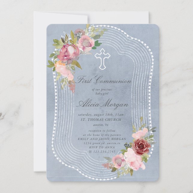 Convites primeiro comuna floral rosa-burgundy com estrutura (Frente)