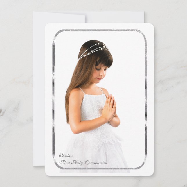 Convites Primeiro comunhão da foto de prata fina do quadro (Frente)