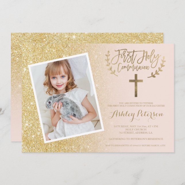 Convites Primeiro comunhão santamente da foto Dourado do (Frente/Verso)