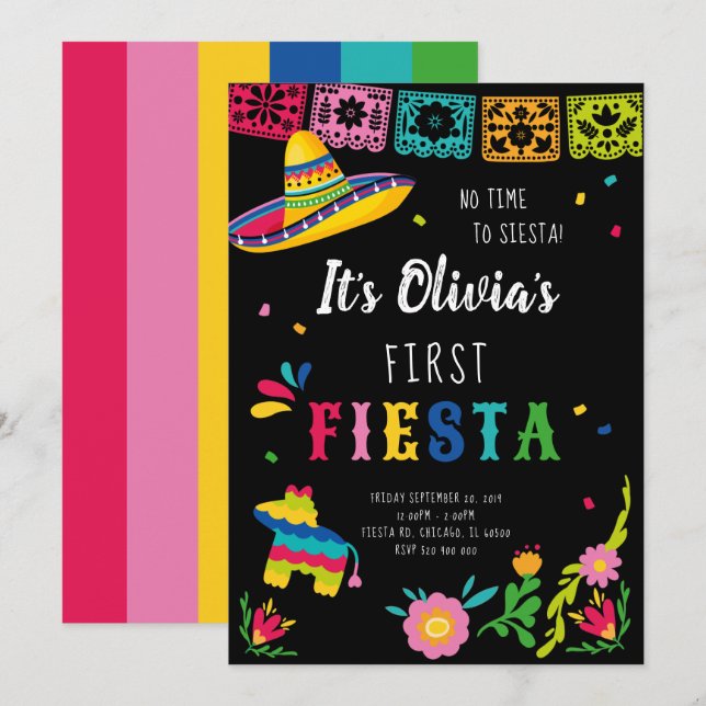 Convites Primeiro Fiesta, sem tempo para o aniversário de s (Frente/Verso)