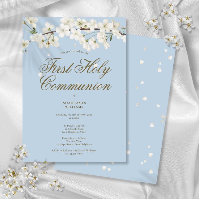 Convites Primeiro Flor Floral Elegante Flor de Comunhão Sag (First Holy Communion Blossom Floral Elegant Blue Invitation)