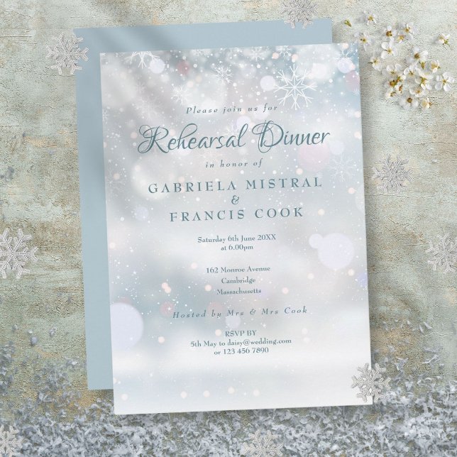 Convites Primeiro Janto de Ensaio de Casamento com Flocos d (First Snowflakes Wedding Rehearsal Dinner Invitation)