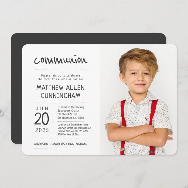 Convites Primeiro Menino de Comunhão | Foto moderna + simpl (Frente/Verso)