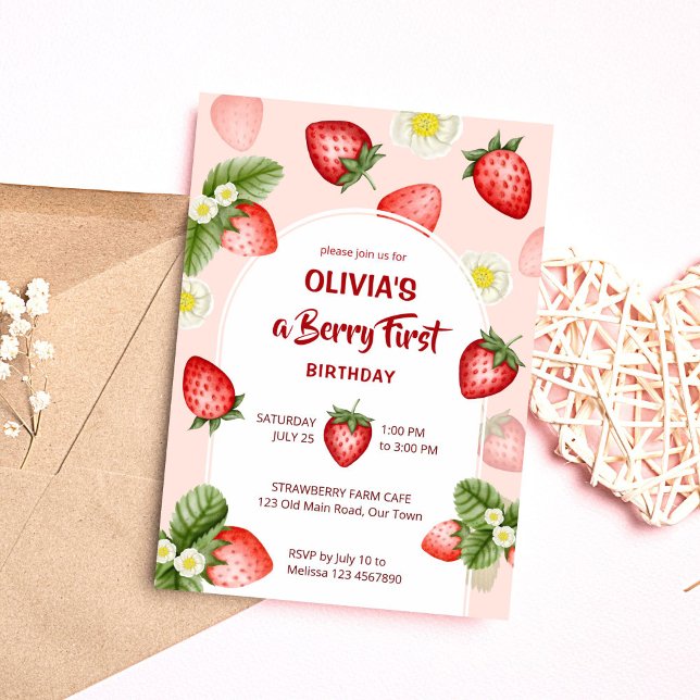 Convites Primeiro modelo de festa de aniversário de morango (Berry first whimsical cute strawberry birthday party invitation editable template instant download )