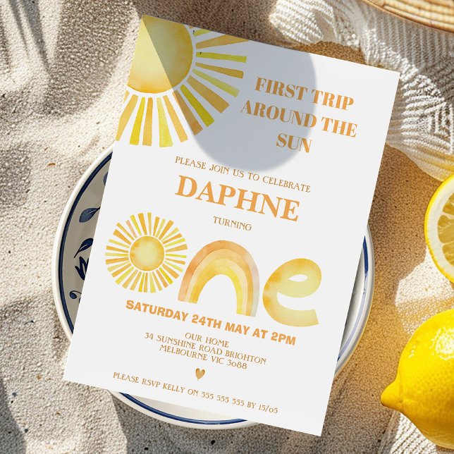 Convites Primeiro Passo Amarelo À Volta Do Sol Aniversário (First Trip Around The Sun 1st Birthday Invitation Template Gender Neutral, Sun First Birthday Invite)