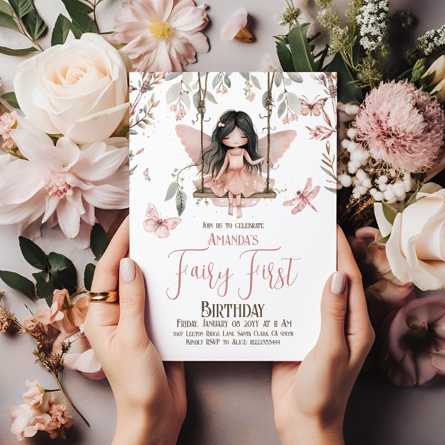 Convites Primeiro primeiro aniversario de fada rosa-fina en (Criador carregado)