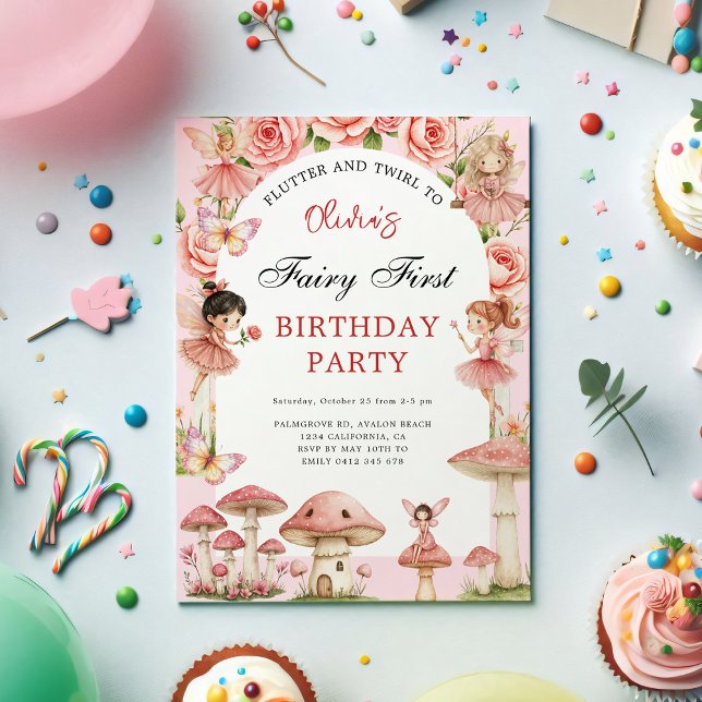 Convites Primeiro primeiro aniversario de Fadas Rosa de Jar (Magical Garden Pink Fairies First Birthday Invitation – Watercolor Floral 1st Birthday Party Invite)