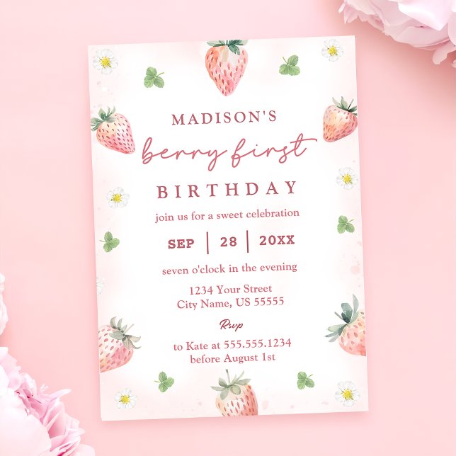 Convites Primeiro primeiro aniversario de morango (Criador carregado)