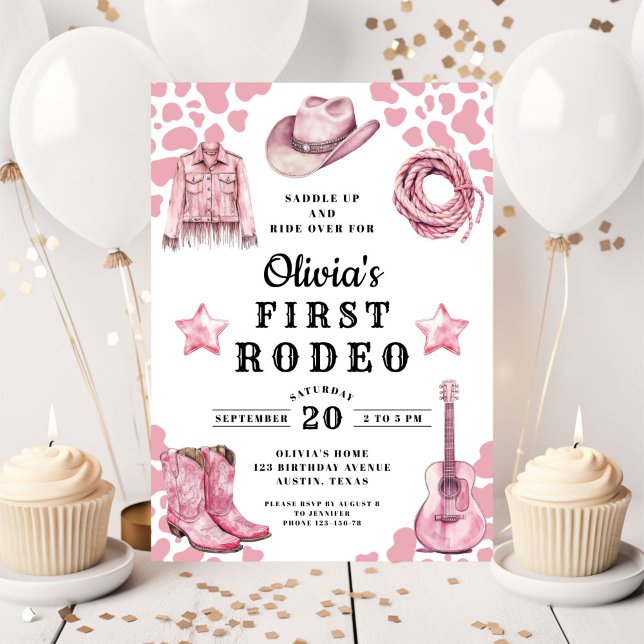 Convites Primeiro primeiro aniversario de Rodeio da Garota  (Pink Girl's First Rodeo 1st Birthday Invitation)
