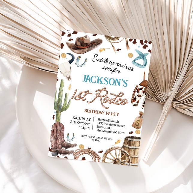 Convites Primeiro primeiro aniversario de Rodeio de Corda M (Boys First Rodeo Birthday Invitation, Wild West Cowboy 1st Birthday Invitation Boy, Rope Text,)