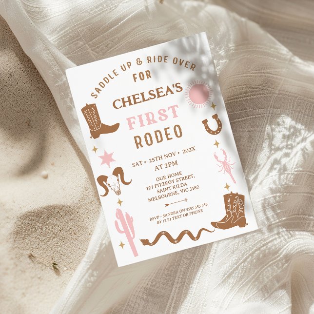 Convites Primeiro primeiro aniversario de Rodeo, Garota Mar (Girls First Rodeo Birthday Invitation, Pink Brown Cowgirl 1st Birthday Invitation, Southern, Western)