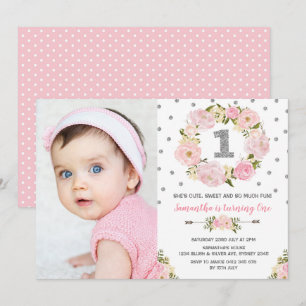 Convites Primeiro primeiro aniversario Floral de Prata Rosa