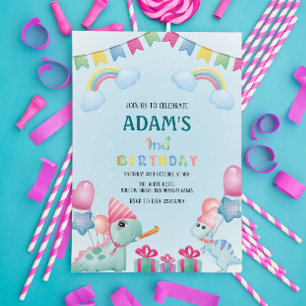 Convites Primeiro primeiro aniversario Rainbow & Green Dino