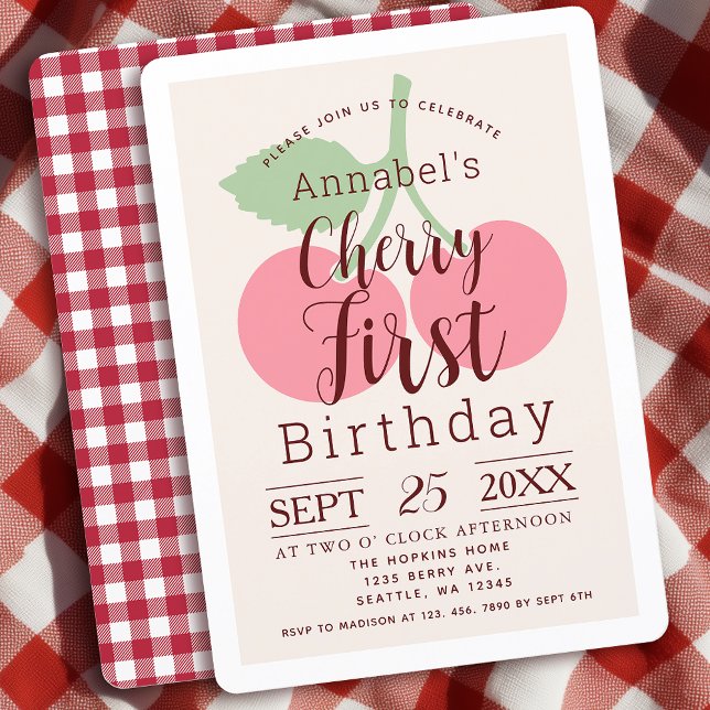 Convites Primeiro primeiro aniversario Rustic Gingham Cherr (Criador carregado)