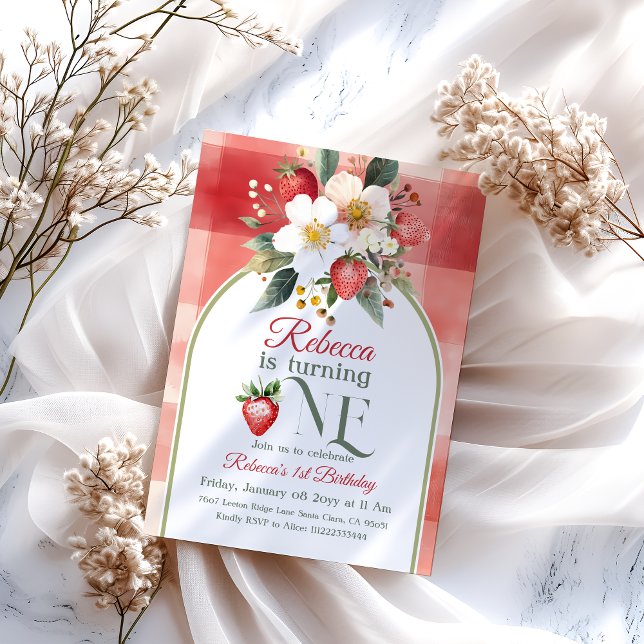 Convites Primeiro primeiro aniversario Rustic Red Strawberr (Criador carregado)