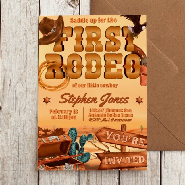 Convites Primeiro Rodeio - Aniversário do Cowboy (First Rodeo -  Boy 1st Birthday Cowboy Invitation)