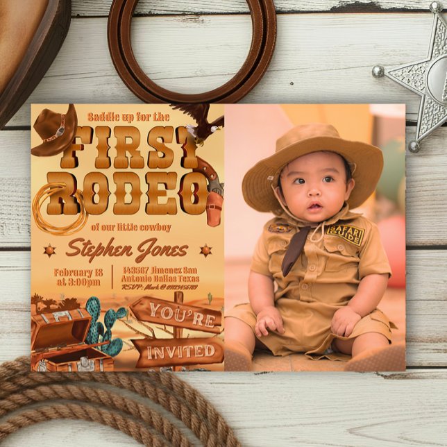 Convites Primeiro Rodeio - Aniversário do Cowboy com Imagem (First Rodeo -  Boy 1st Birthday Cowboy Landscape Invitation with Picture)