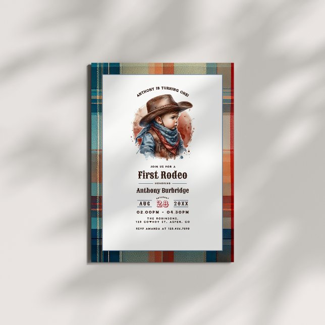 Convites “Primeiro Rodeio” Caubói Rústico Aniversário de 1  (“First Rodeo” Rustic Cowboy 1st Birthday Invitation)