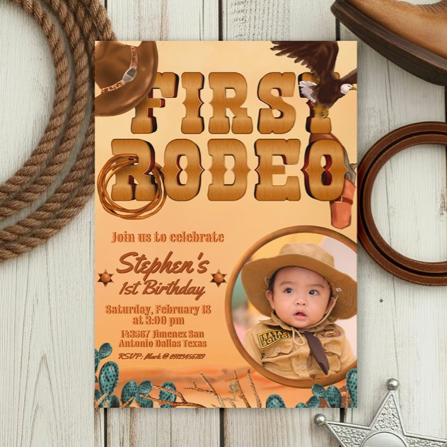 Convites Primeiro Rodeio com Foto (First Rodeo -  Boy 1st Birthday Cowboy Invitation with Picture)