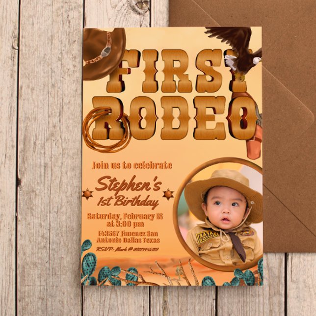 Convites Primeiro Rodeio com Foto (First Rodeo -  Boy 1st Birthday Cowboy Invitation with Picture)