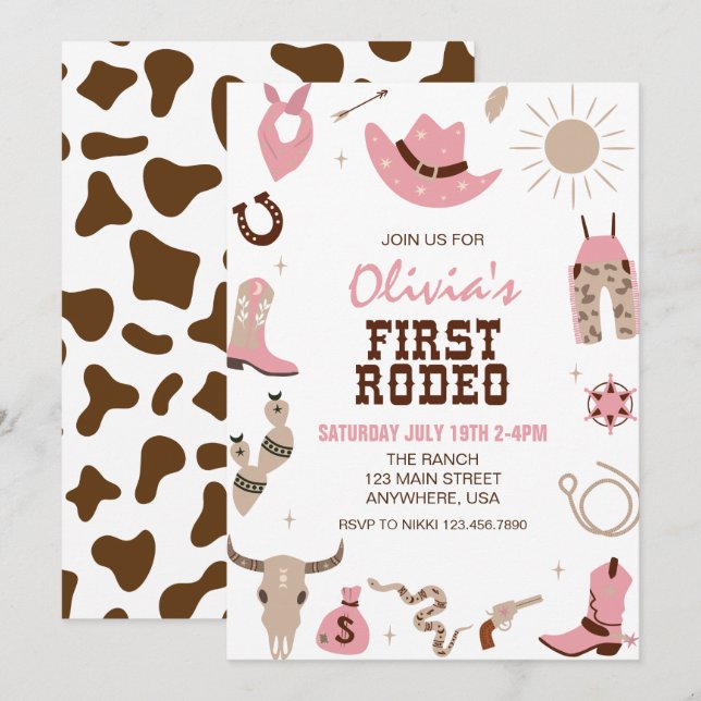 Convites Primeiro Rodeio Rosa Western Aniversário de 1 ano (Frente/Verso)