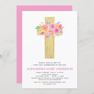 Convites Primeiro Sagrado Comunista Pastel Floral Rosa