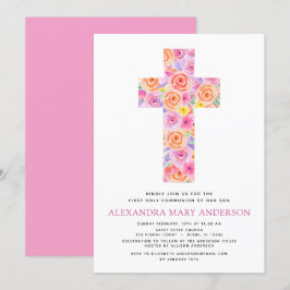 Convites Primeiro Sagrado Comunista Pastel Floral Rosa Rosa