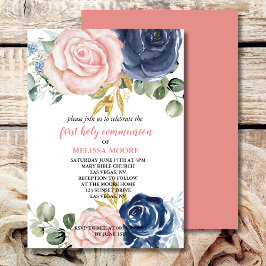 Convites Primeiro Sagrado Marinho Floral Azul Rosa