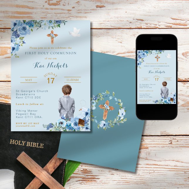 Convites Primeiro Sagrado Menino Batismo Dusky Slate Blue (Criador carregado)