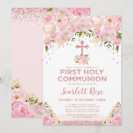 Convites Primeiro Sagrado Rosa de comunhão Dourado, cor-de-
