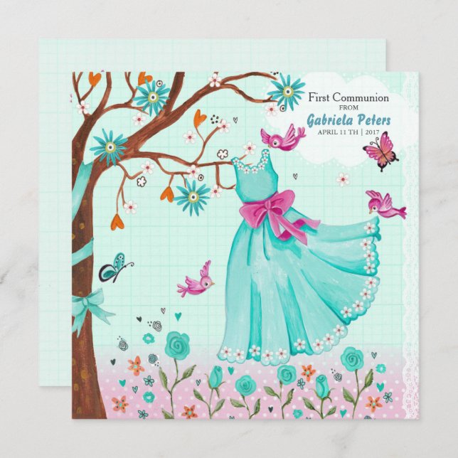 Convites Primeiro Sagrado Vestido Comunitário | Menina de c (Frente/Verso)