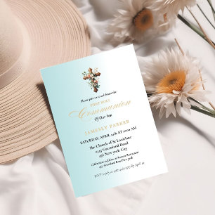 Convites Primeiro salto azul de cor-d'água da comunhão sagr