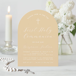 Convites Primeiro Scripts Moderno Simples Beige Arch Comuni