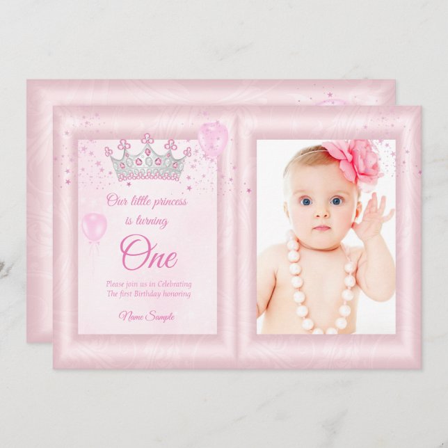 Convites primeiros aniversarios Balões Foto Rosa (Frente/Verso)