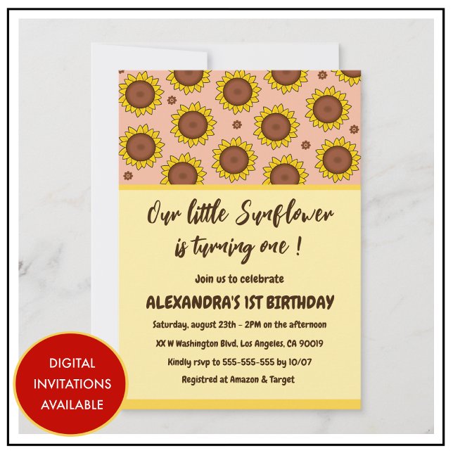 Convites Primeiros aniversarios de girassol (sunflower-1st-birthday-invitations-cute-modern-baby-girl)