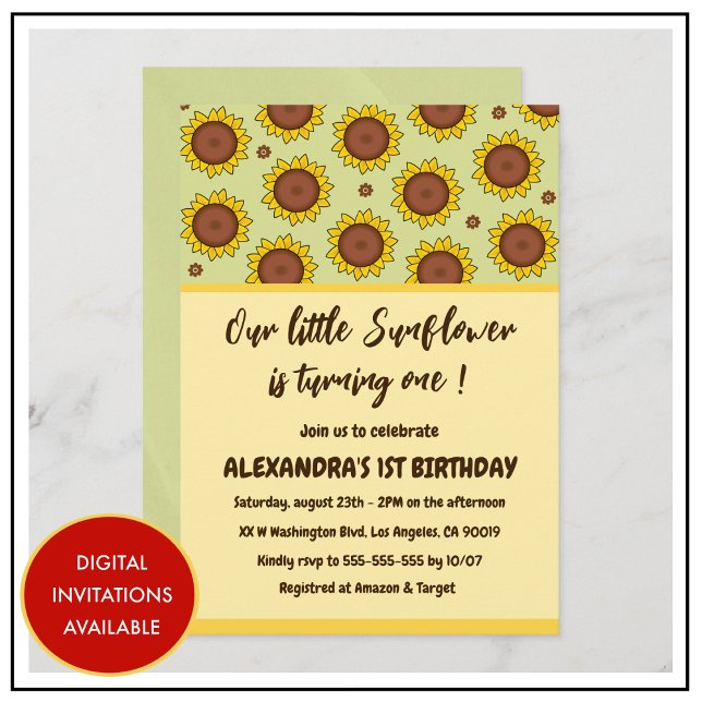 Convites Primeiros aniversarios de girassol (sunflower-1st-birthday-invitations-cute-modern-1)
