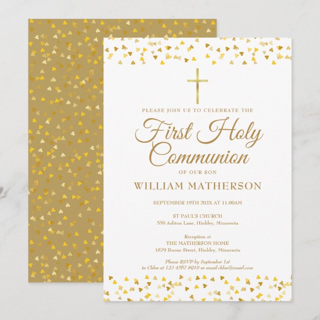 Convites Primeiros Corações Dourados Elegantes Comunitários (Frente/Verso)