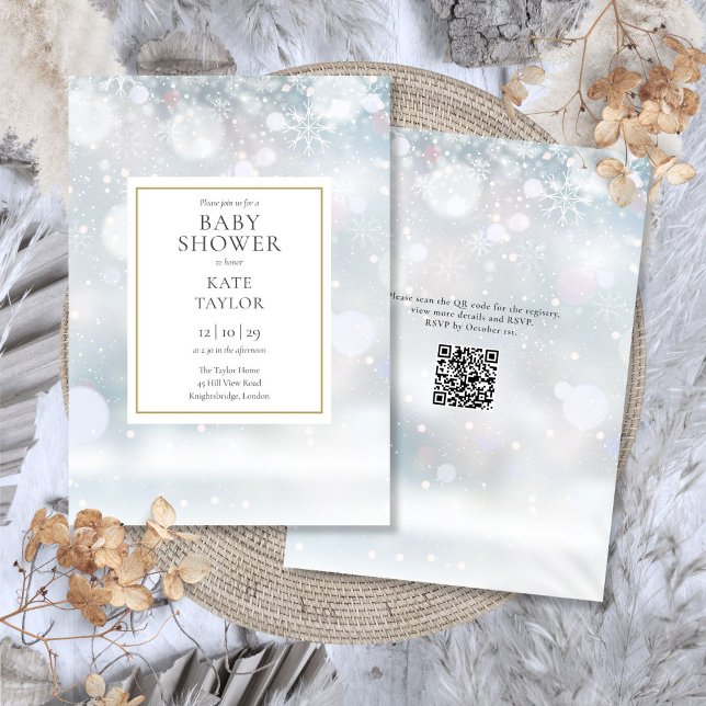 Convites Primeiros Flocos de Neve de Inverno QR Code Chá de (First Winter Snowflakes QR Code Baby Shower Invitation)