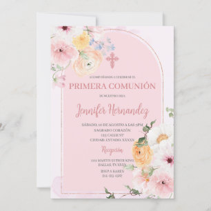 Convites Primera comuna cor rosa con flores
