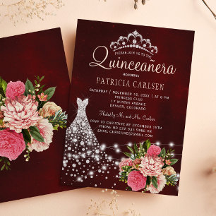 Convites Princa de diamante vestiu quinceera chic burgundy