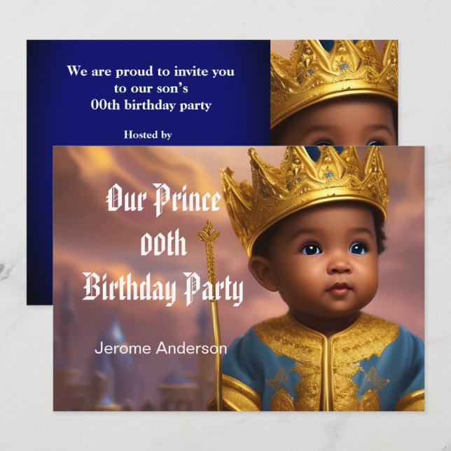 Convites Prince Boy Birthday Blue Dourado Afro Americano 2 (Frente/Verso)