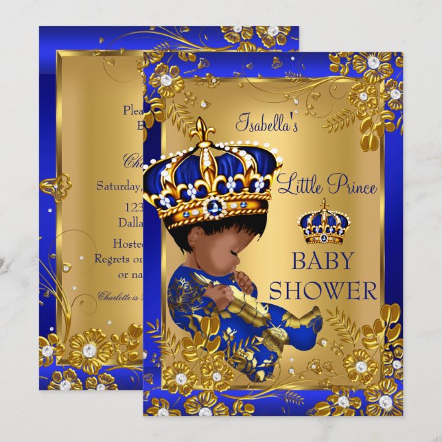 Convites Prince Boy Chá de fraldas Dourado Blue Crown Étnic (Frente/Verso)