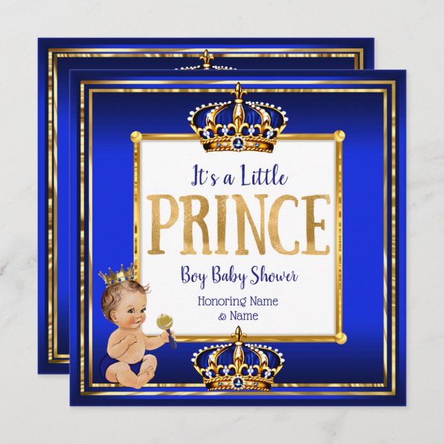 Convites Prince Boy Chá de fraldas Royal Blue Brunette (Frente/Verso)