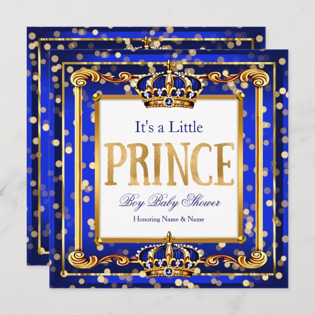 Convites Prince Boy Chá de fraldas Royal Blue Dourado Bokee (Frente/Verso)
