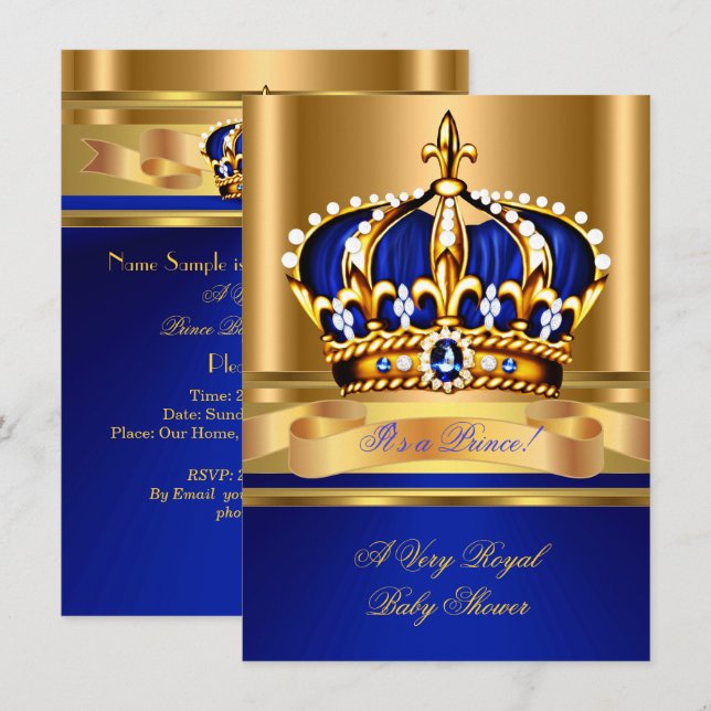 Convites Prince Boy Chá de fraldas Royal Blue Dourado Crown (Frente/Verso)