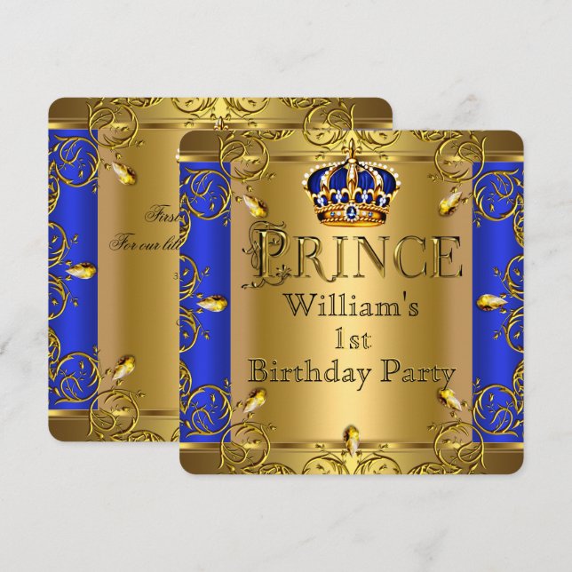 Convites Prince primeiro aniversario Boy Royal Blue Dourado (Frente/Verso)