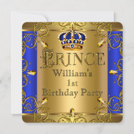 Convites Prince primeiro aniversario Boy Royal Blue Dourado